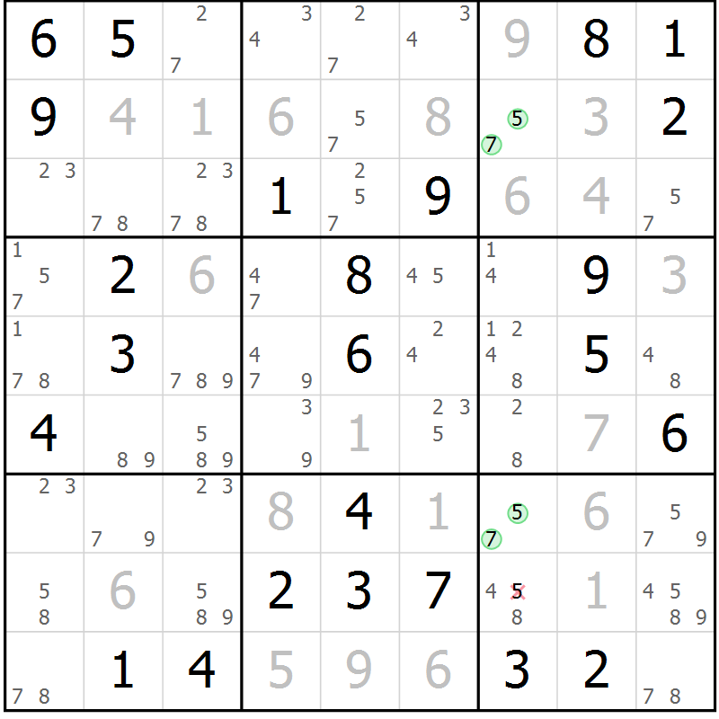 Position des candidats pour la solution de la Gr 62 page 65 du magazine de sudoku Virtuose n° 124