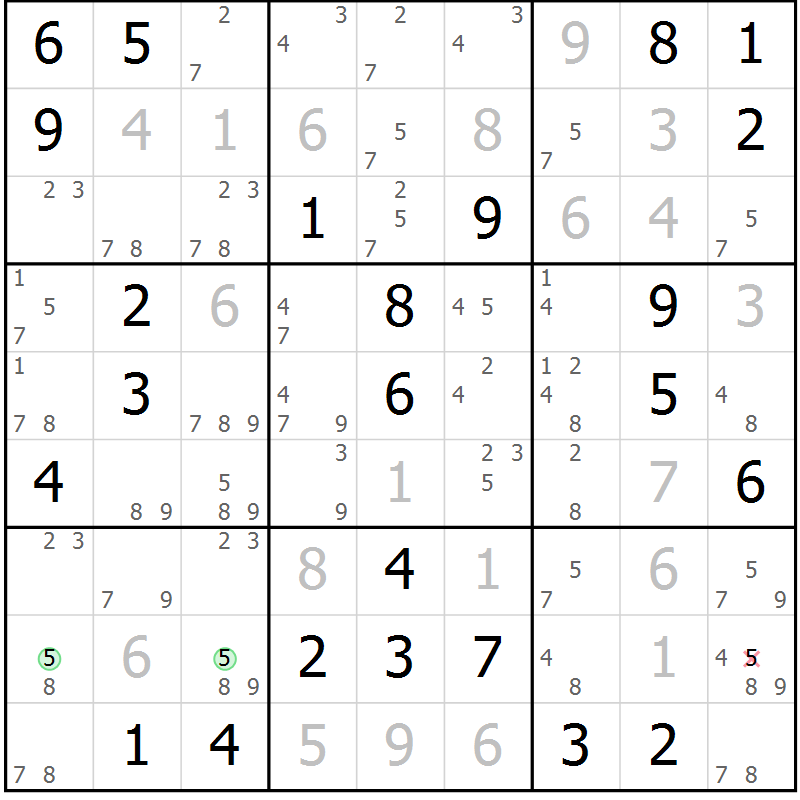 Position des candidats pour la solution de la Gr 62 page 65 du magazine de sudoku Virtuose n° 124