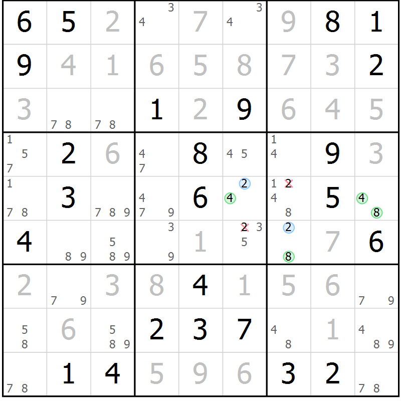 Position des candidats pour la solution de la Gr 62 page 65 du magazine de sudoku Virtuose n° 124