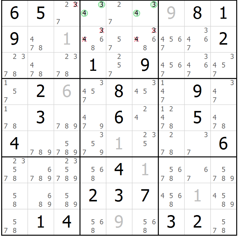 Position des candidats pour la solution de la Gr 62 page 65 du magazine de sudoku Virtuose n° 124