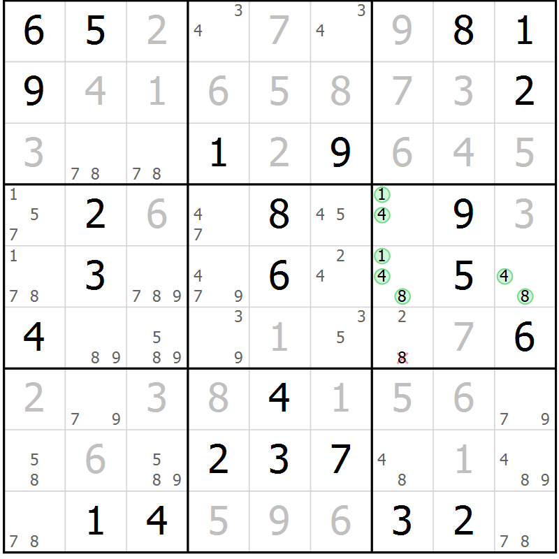 Position des candidats pour la solution de la Gr 62 page 65 du magazine de sudoku Virtuose n° 124