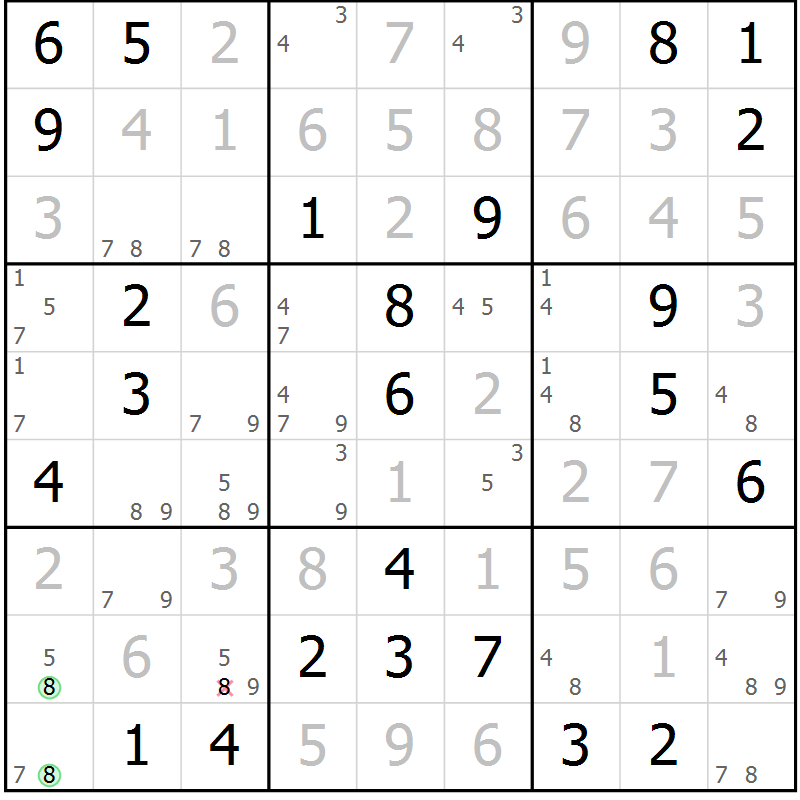 Position des candidats pour la solution de la Gr 62 page 65 du magazine de sudoku Virtuose n° 124
