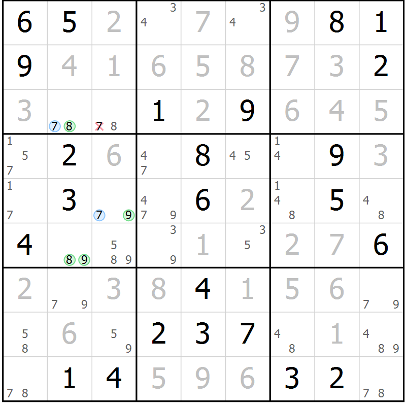 Position des candidats pour la solution de la Gr 62 page 65 du magazine de sudoku Virtuose n° 124