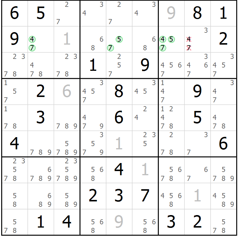 Position des candidats pour la solution de la Gr 62 page 65 du magazine de sudoku Virtuose n° 124