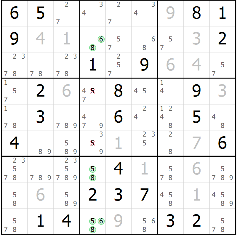 Position des candidats pour la solution de la Gr 62 page 65 du magazine de sudoku Virtuose n° 124
