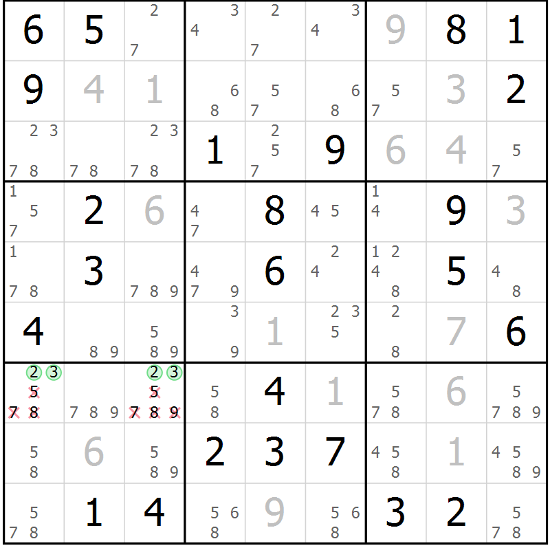 Position des candidats pour la solution de la Gr 62 page 65 du magazine de sudoku Virtuose n° 124