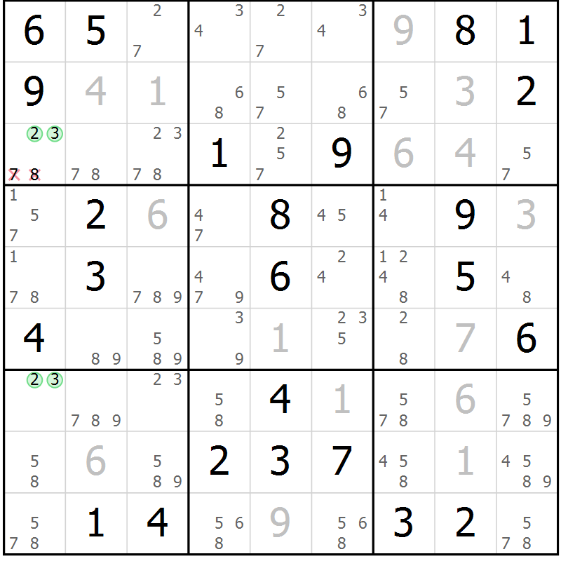 Position des candidats pour la solution de la Gr 62 page 65 du magazine de sudoku Virtuose n° 124