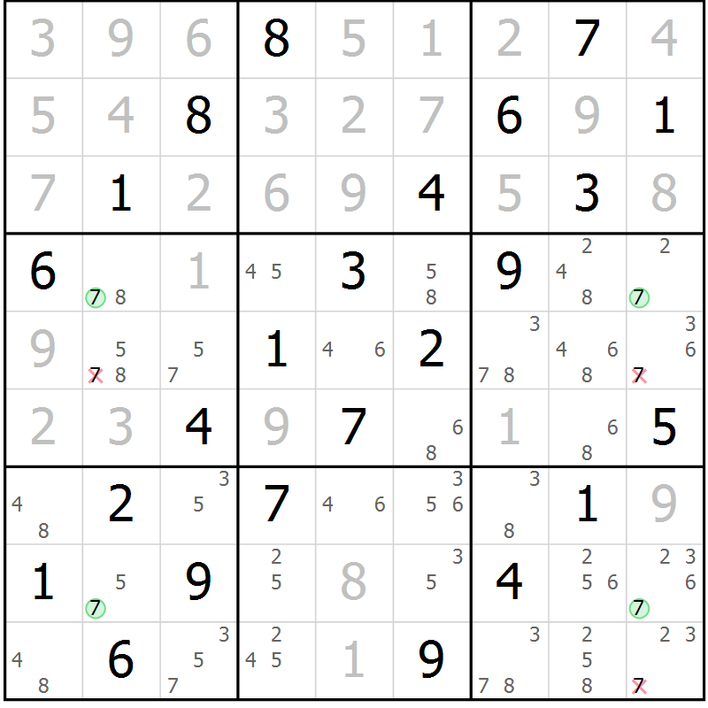 Position des candidats pour la solution de la Gr 63 page 66 du magazine de sudoku Virtuose n° 124