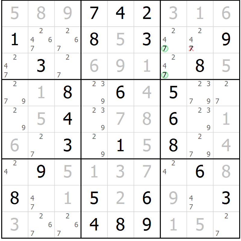 Position des candidats pour la solution de la Gr 64 page 67 du magazine de sudoku Virtuose n° 124