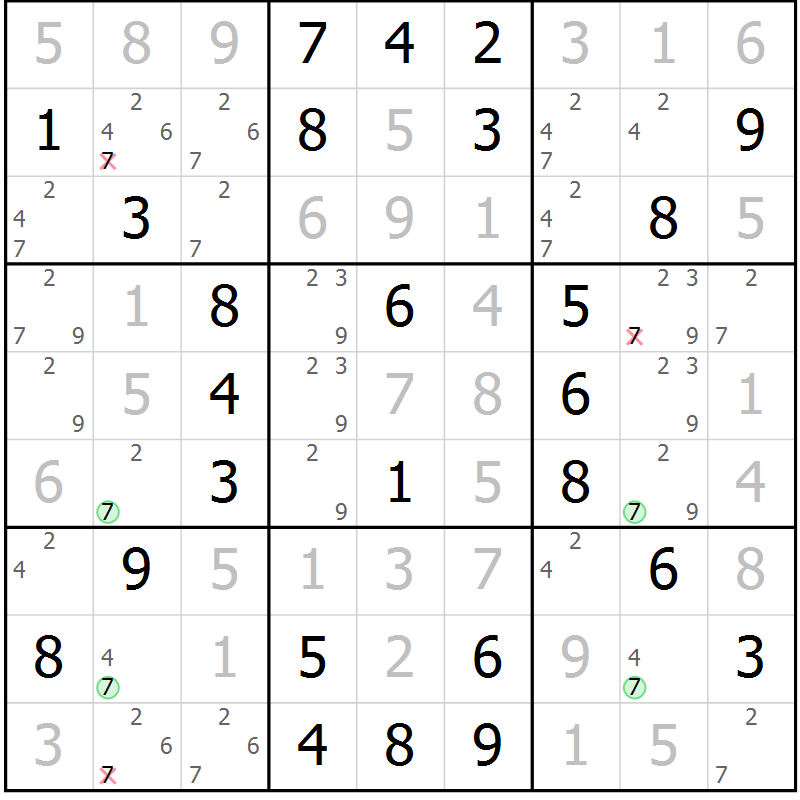Position des candidats pour la solution de la Gr 64 page 67 du magazine de sudoku Virtuose n° 124