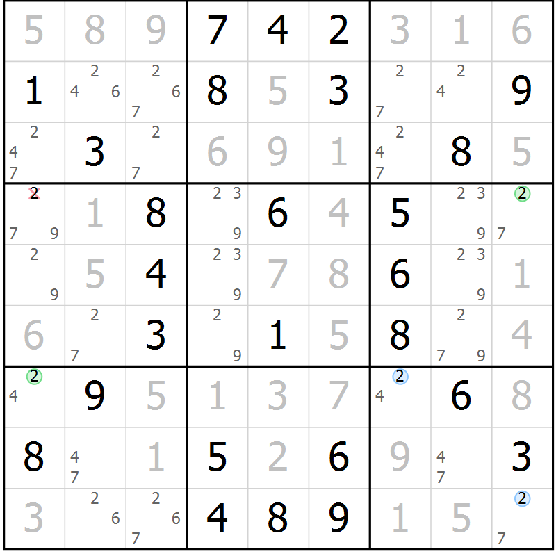 Position des candidats pour la solution de la Gr 64 page 67 du magazine de sudoku Virtuose n° 124