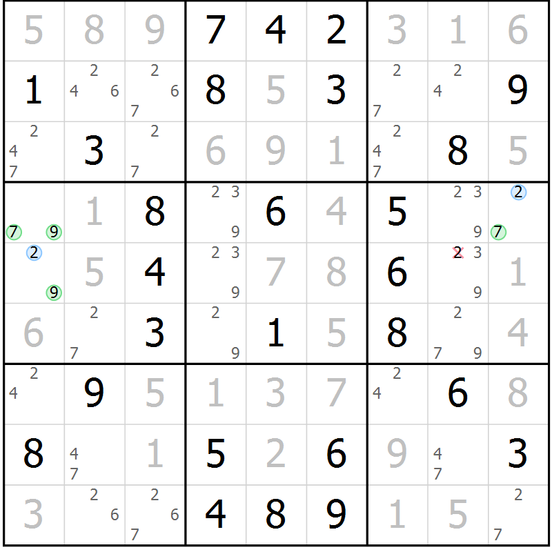 Position des candidats pour la solution de la Gr 64 page 67 du magazine de sudoku Virtuose n° 124