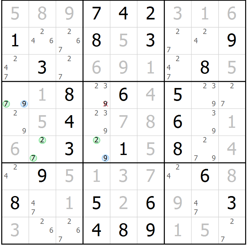 Position des candidats pour la solution de la Gr 64 page 67 du magazine de sudoku Virtuose n° 124