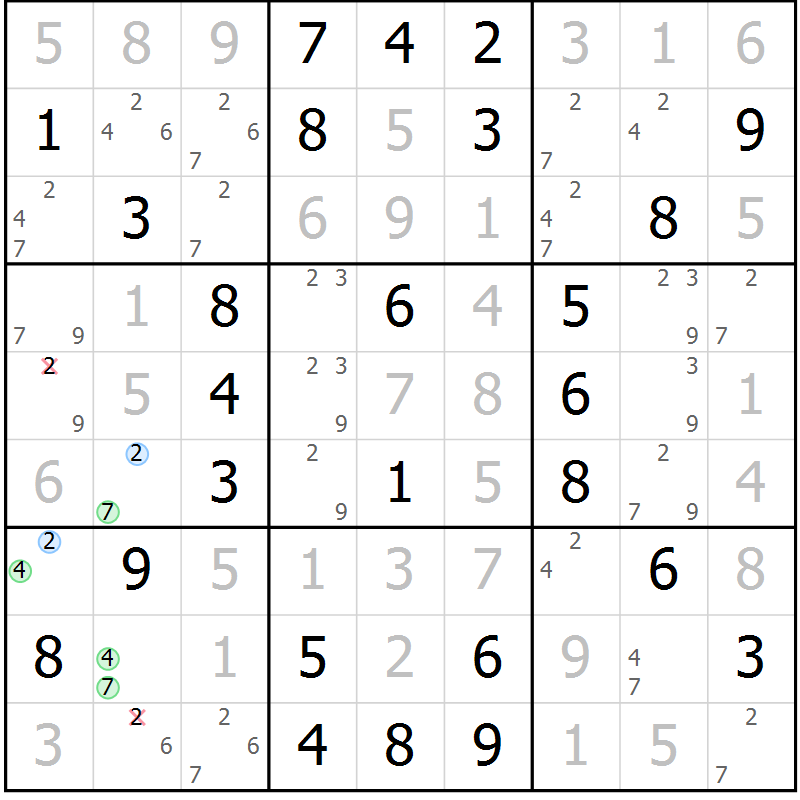 Position des candidats pour la solution de la Gr 64 page 67 du magazine de sudoku Virtuose n° 124