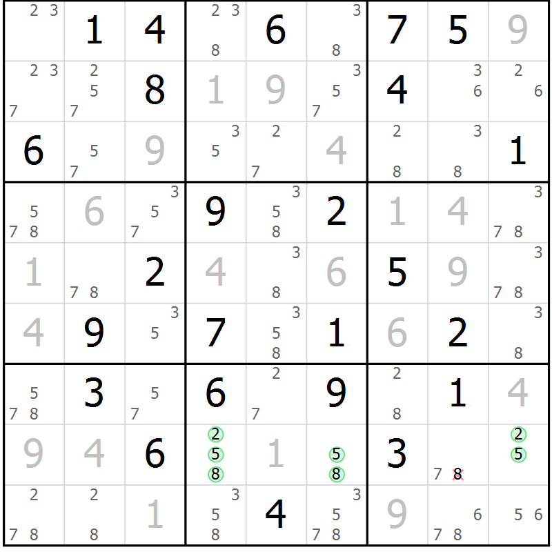 Position des candidats pour la solution de la Gr 65 page 68 du magazine de sudoku Virtuose n° 124