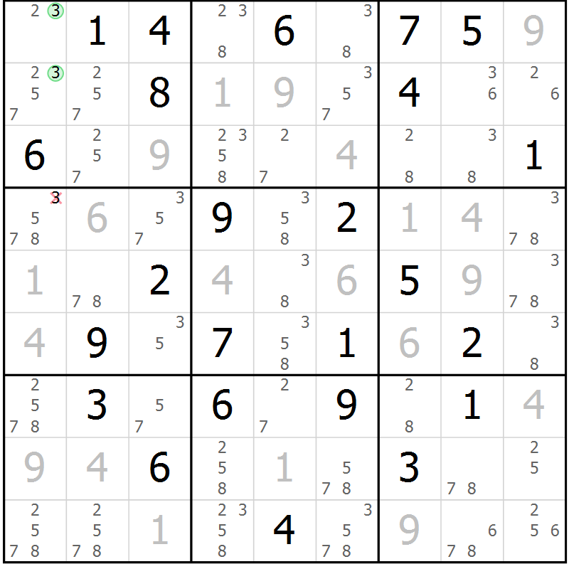 Position des candidats pour la solution de la Gr 65 page 68 du magazine de sudoku Virtuose n° 124