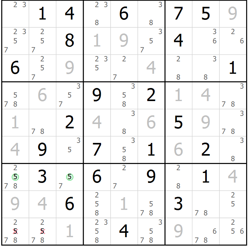 Position des candidats pour la solution de la Gr 65 page 68 du magazine de sudoku Virtuose n° 124