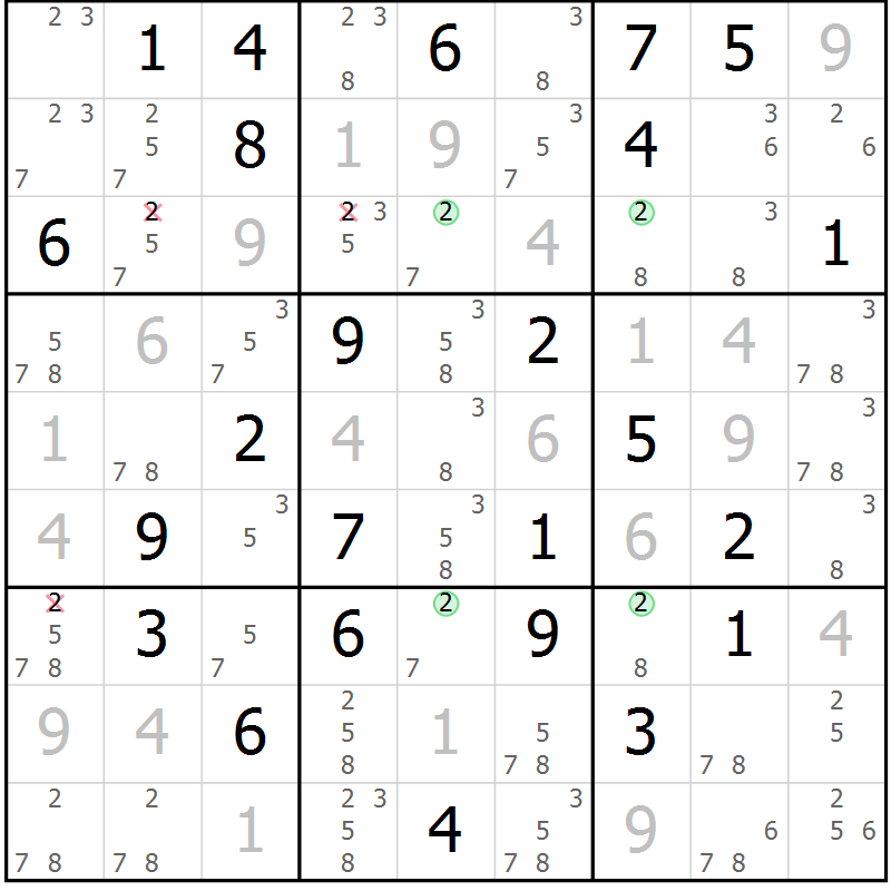 Position des candidats pour la solution de la Gr 65 page 68 du magazine de sudoku Virtuose n° 124