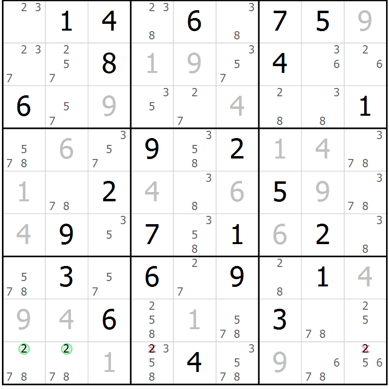 Position des candidats pour la solution de la Gr 65 page 68 du magazine de sudoku Virtuose n° 124