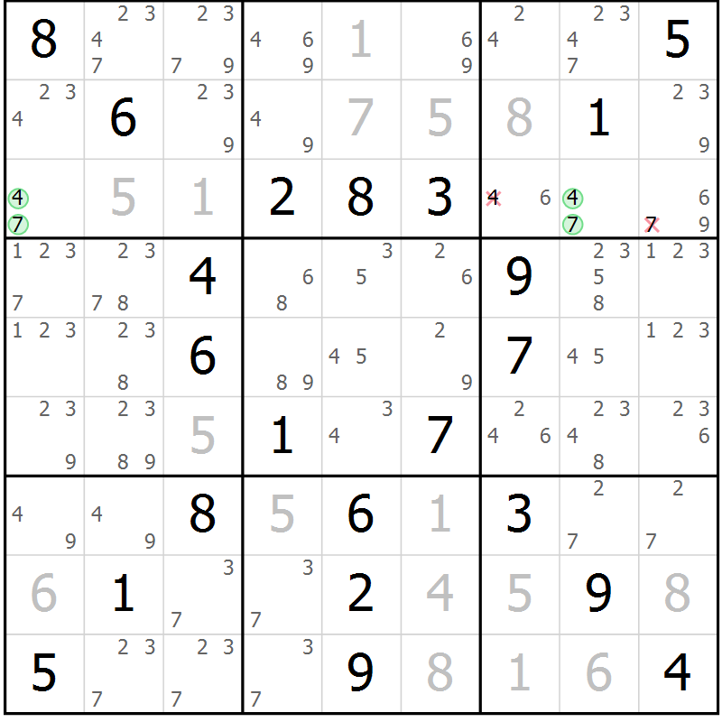 Position des candidats pour la solution de la Gr 67 page 70 du magazine de sudoku Virtuose n° 124