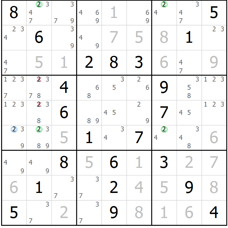 Position des candidats pour la solution de la Gr 67 page 70 du magazine de sudoku Virtuose n° 124