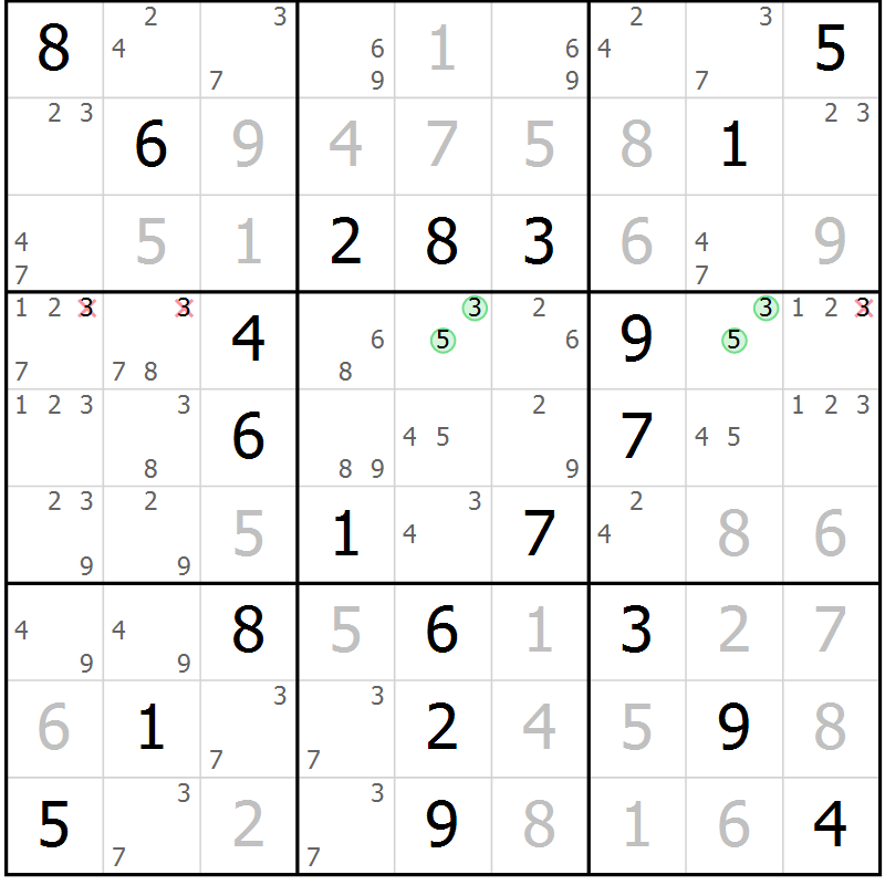 Position des candidats pour la solution de la Gr 67 page 70 du magazine de sudoku Virtuose n° 124