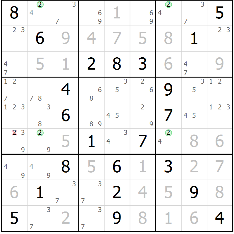 Position des candidats pour la solution de la Gr 67 page 70 du magazine de sudoku Virtuose n° 124