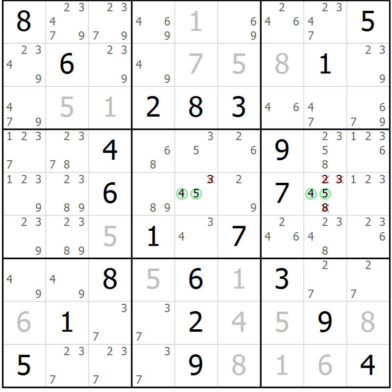 Position des candidats pour la solution de la Gr 67 page 70 du magazine de sudoku Virtuose n° 124