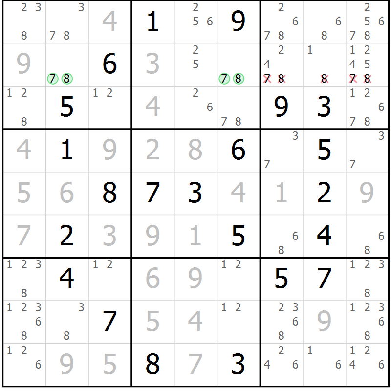 Position des candidats pour la solution de la Gr 68 page 71 du magazine de sudoku Virtuose n° 124