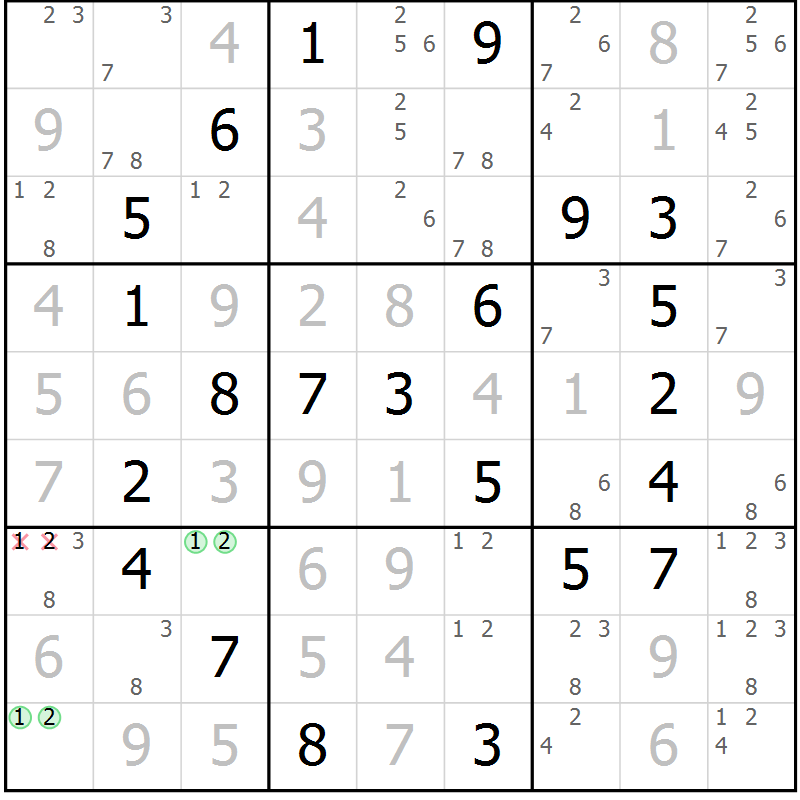 Position des candidats pour la solution de la Gr 68 page 71 du magazine de sudoku Virtuose n° 124