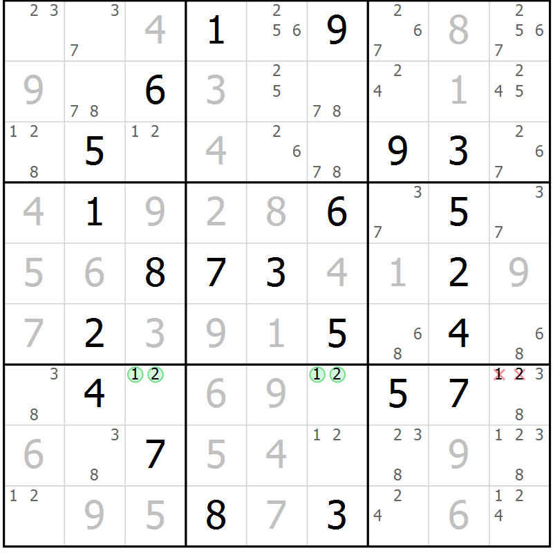 Position des candidats pour la solution de la Gr 68 page 71 du magazine de sudoku Virtuose n° 124