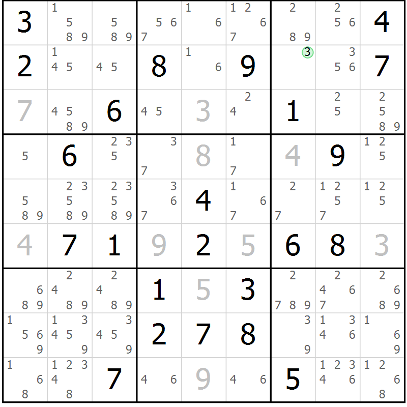 Position des candidats pour la solution de la Gr 69 page 72 du magazine de sudoku Virtuose n° 124
