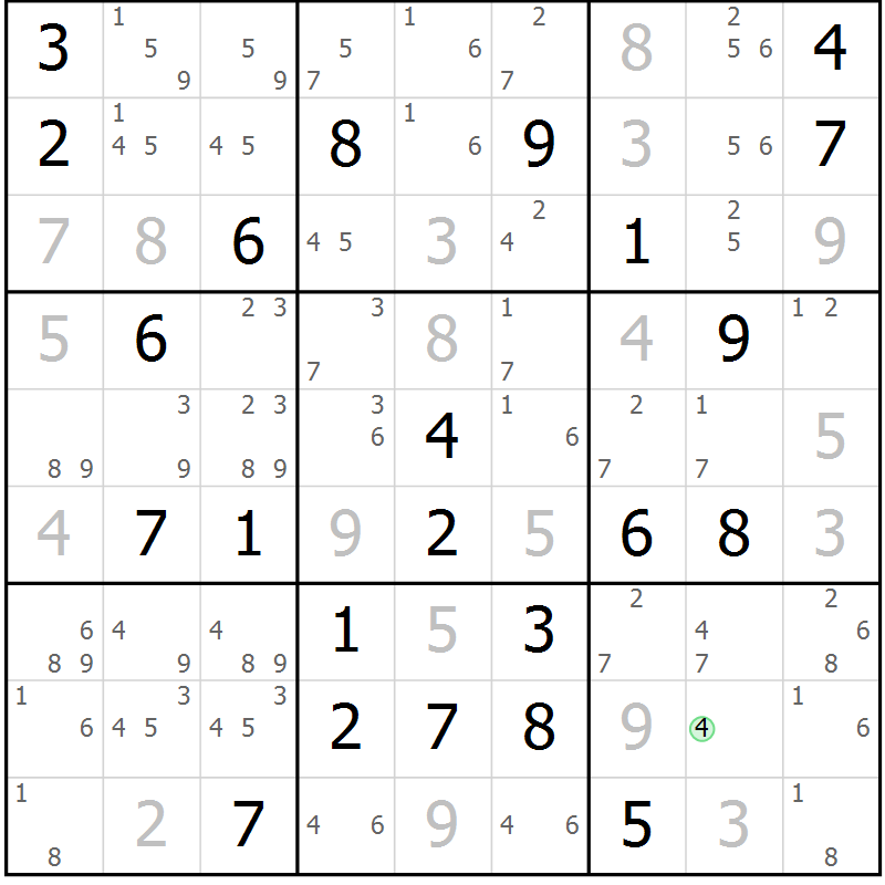 Position des candidats pour la solution de la Gr 69 page 72 du magazine de sudoku Virtuose n° 124