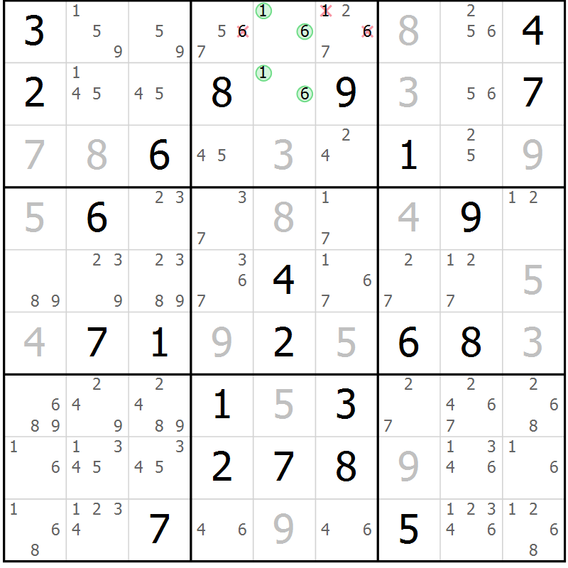 Position des candidats pour la solution de la Gr 69 page 72 du magazine de sudoku Virtuose n° 124