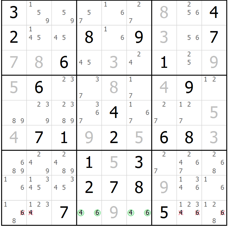 Position des candidats pour la solution de la Gr 69 page 72 du magazine de sudoku Virtuose n° 124