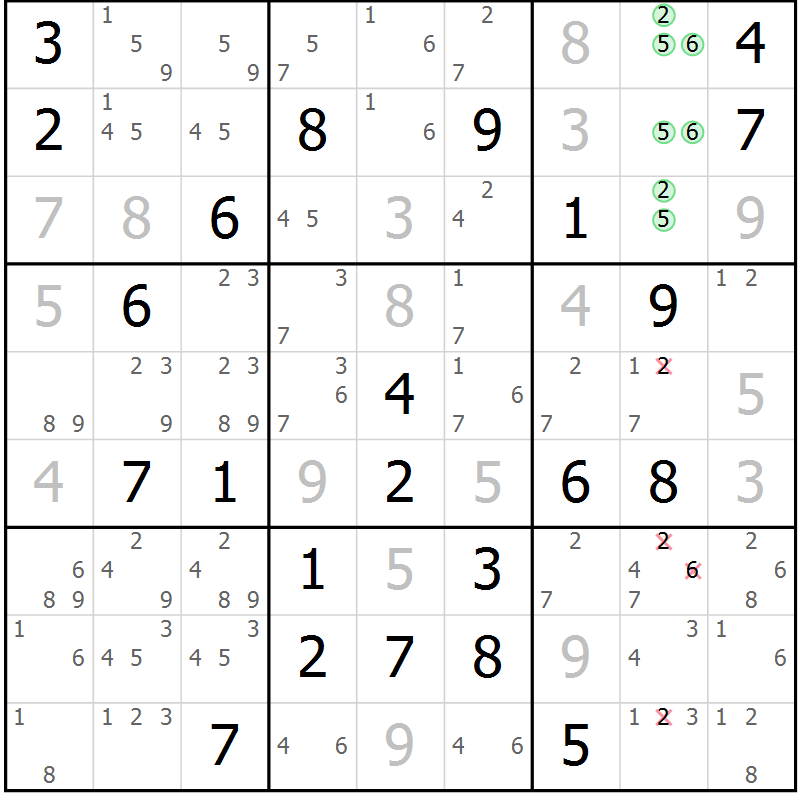 Position des candidats pour la solution de la Gr 69 page 72 du magazine de sudoku Virtuose n° 124