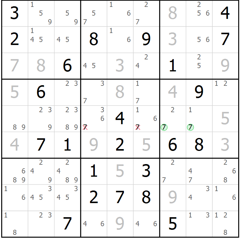 Position des candidats pour la solution de la Gr 69 page 72 du magazine de sudoku Virtuose n° 124