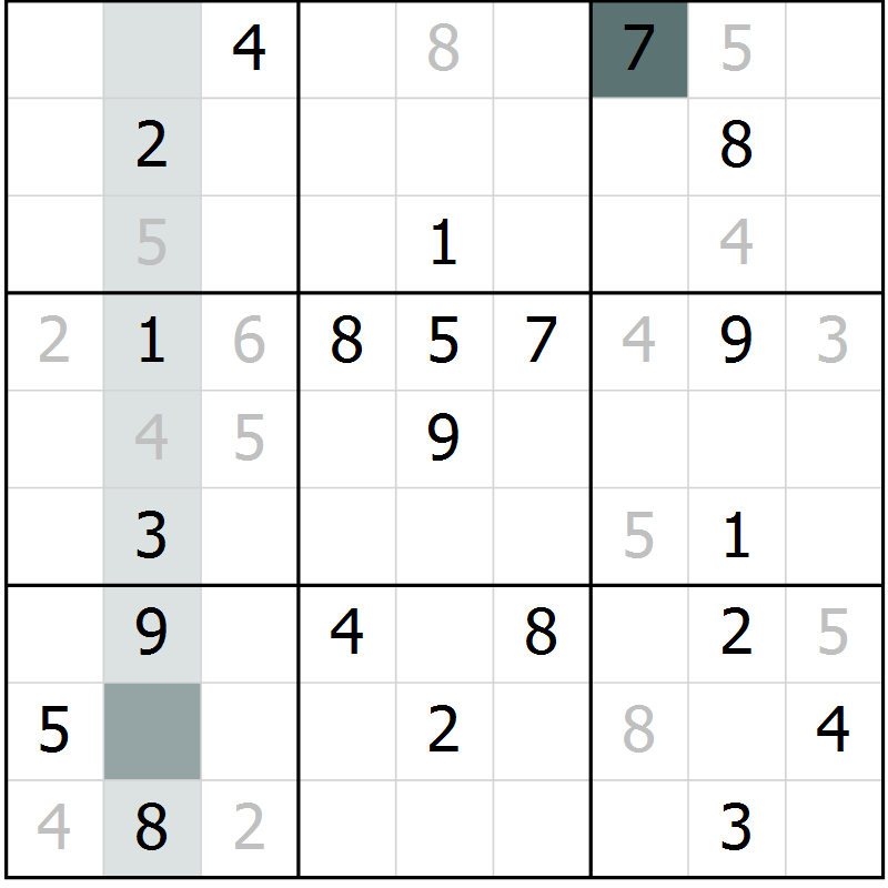Position des candidats pour la solution de la Gr 7 page 10 du magazine de sudoku Virtuose n° 124