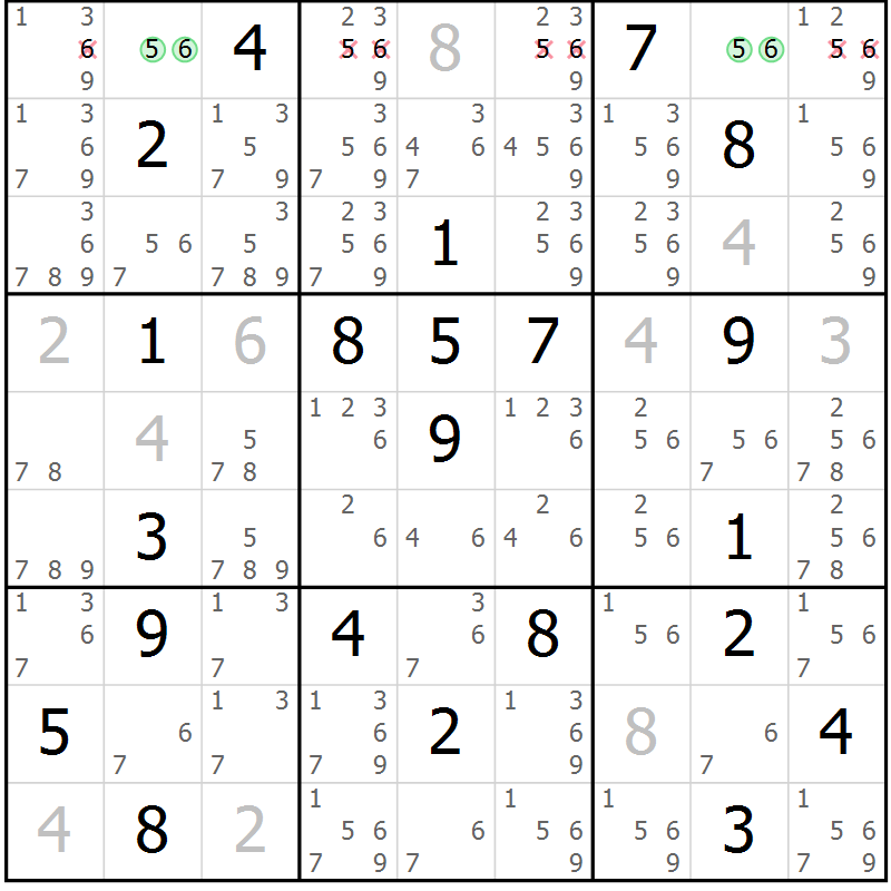 Position des candidats pour la solution de la Gr 7 page 10 du magazine de sudoku Virtuose n° 124