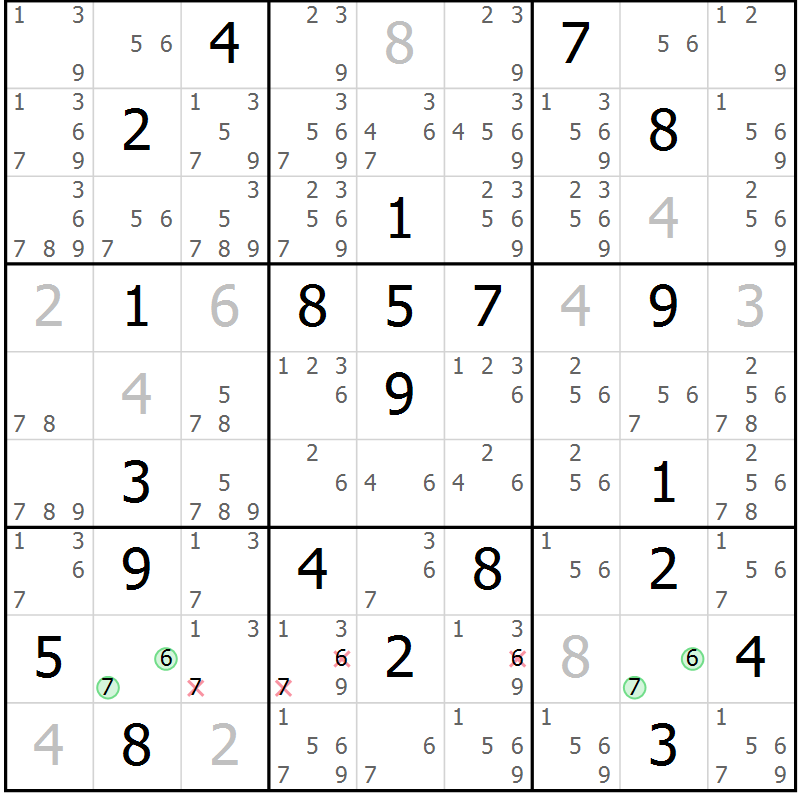 Position des candidats pour la solution de la Gr 7 page 10 du magazine de sudoku Virtuose n° 124