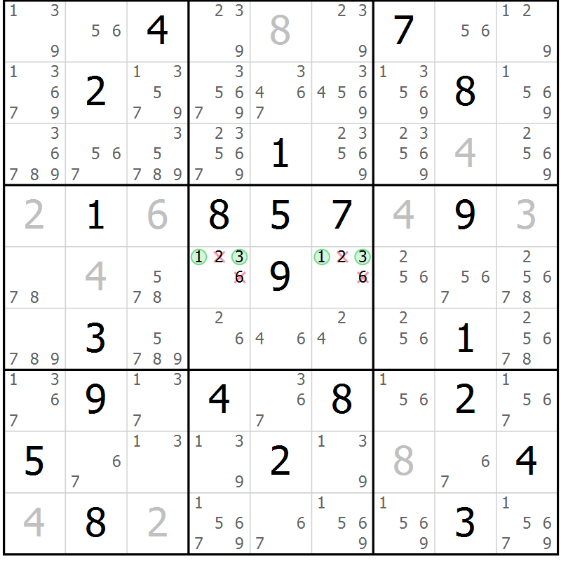 Position des candidats pour la solution de la Gr 7 page 10 du magazine de sudoku Virtuose n° 124