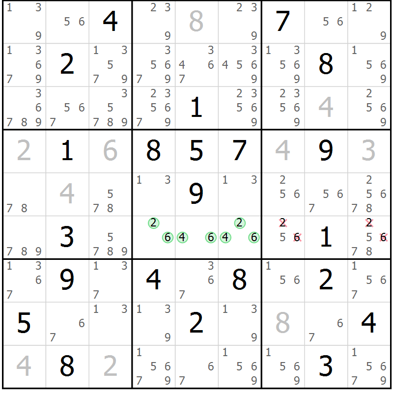 Position des candidats pour la solution de la Gr 7 page 10 du magazine de sudoku Virtuose n° 124