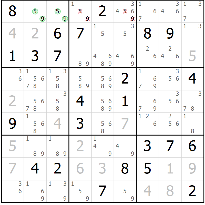 Position des candidats pour la solution de la Gr 71 page 74 du magazine de sudoku Virtuose n° 124