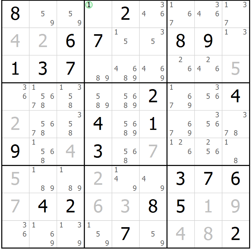 Position des candidats pour la solution de la Gr 71 page 74 du magazine de sudoku Virtuose n° 124
