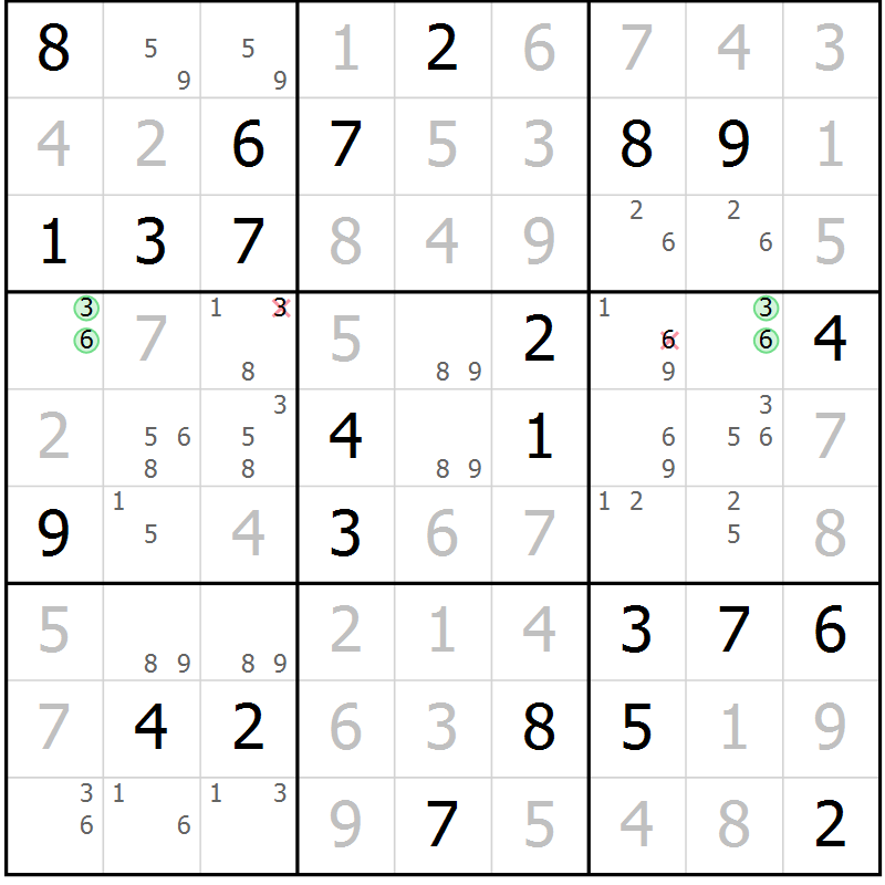 Position des candidats pour la solution de la Gr 71 page 74 du magazine de sudoku Virtuose n° 124
