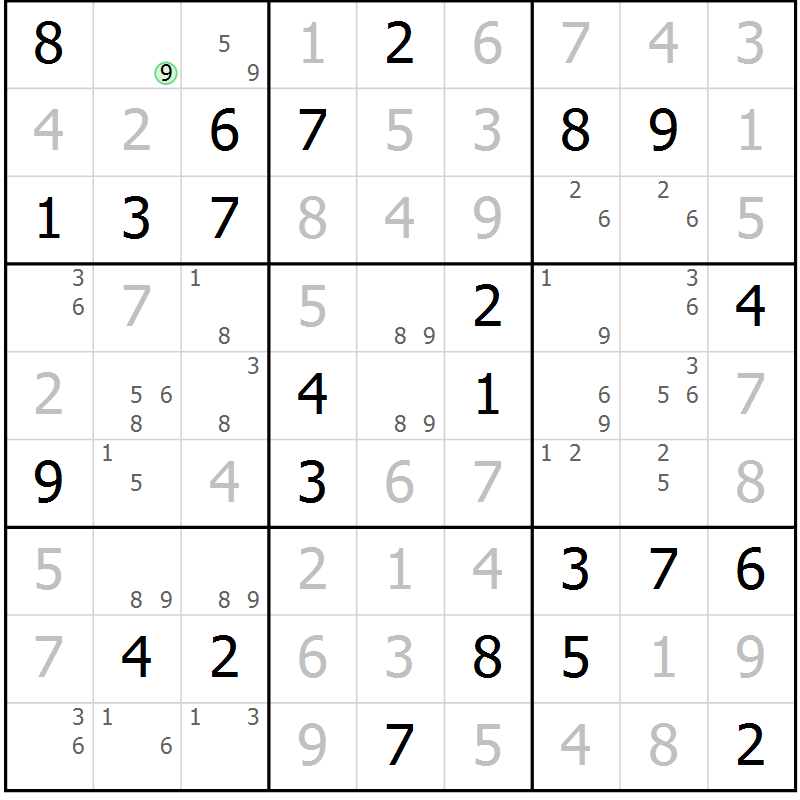 Position des candidats pour la solution de la Gr 71 page 74 du magazine de sudoku Virtuose n° 124