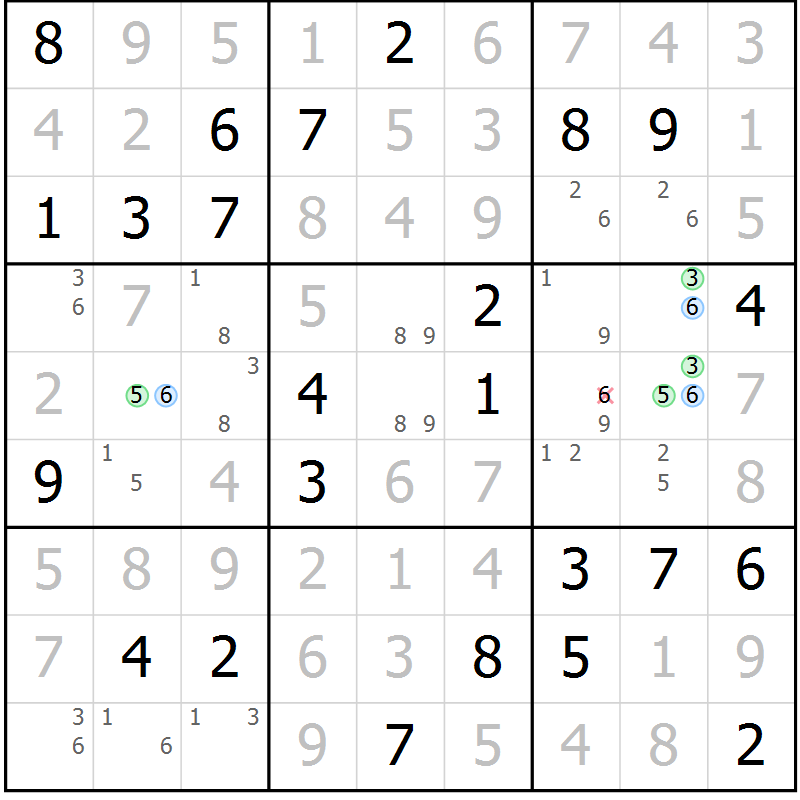 Position des candidats pour la solution de la Gr 71 page 74 du magazine de sudoku Virtuose n° 124