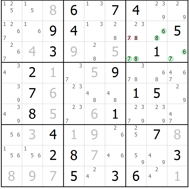 Position des candidats pour la solution de la Gr 72 page 75 du magazine de sudoku Virtuose n° 124