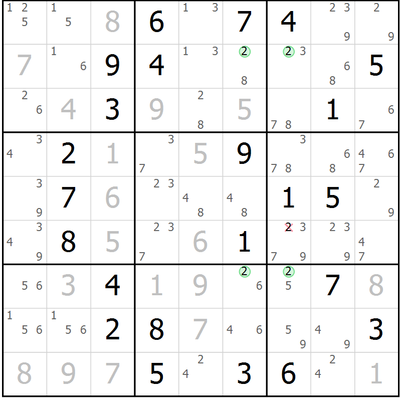 Position des candidats pour la solution de la Gr 72 page 75 du magazine de sudoku Virtuose n° 124
