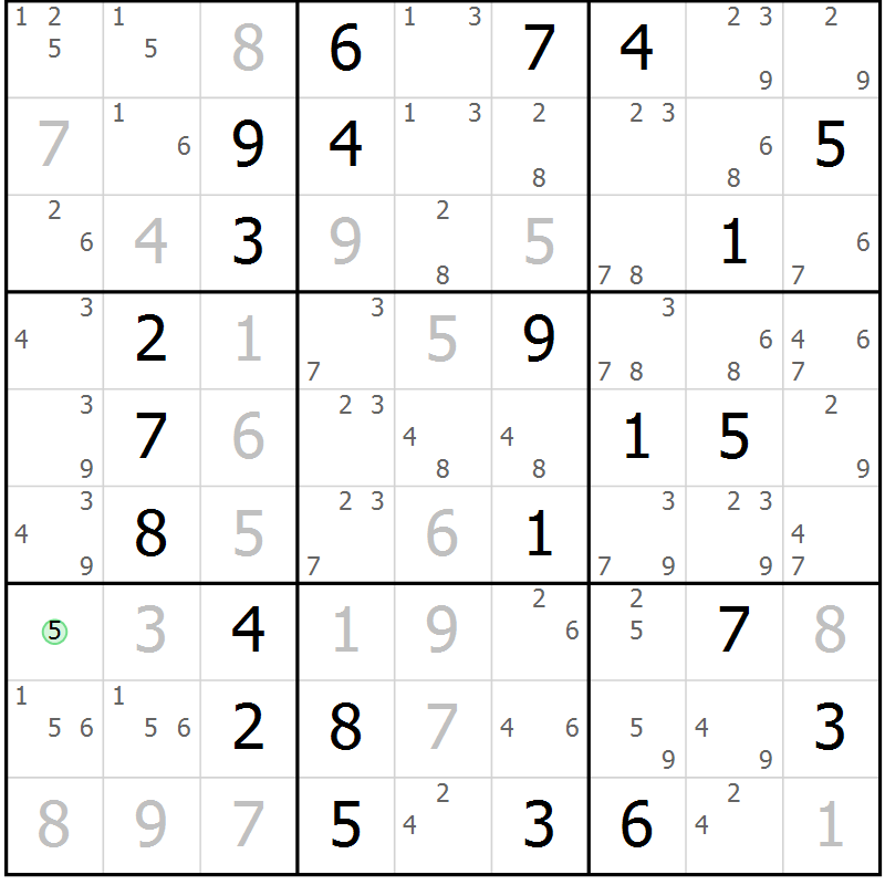 Position des candidats pour la solution de la Gr 72 page 75 du magazine de sudoku Virtuose n° 124